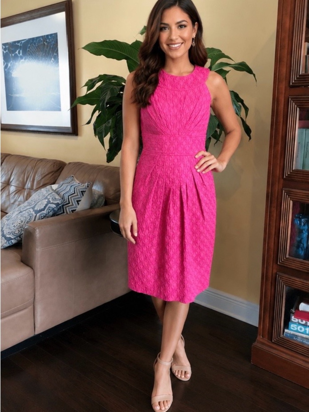 Adrianna Papell Hot Pink Embellished Beaded Midi Dress, Size 10